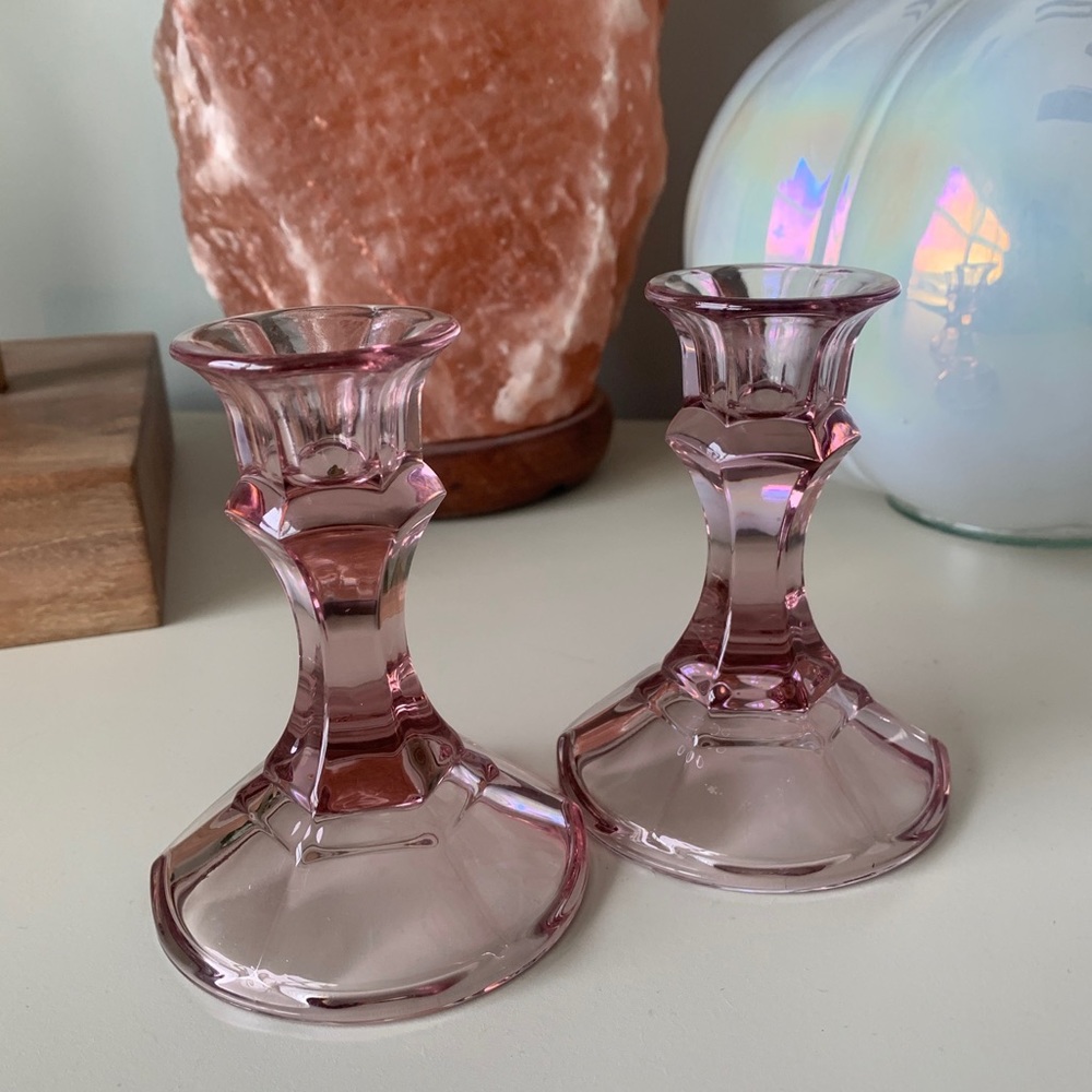 Beautiful Vintage Pink/ Amethyst Glass Candle Holders